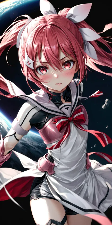 anime girl with long pink hair and white dress holding a sword