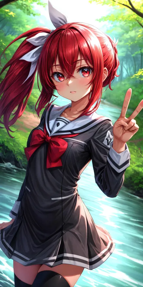 anime girl with red hair and a bow posing in front of a river