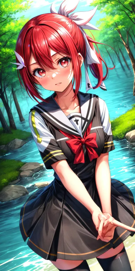 anime girl with red hair and a bow holding a stick