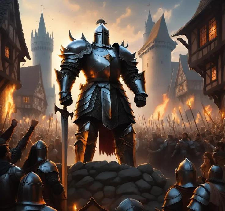 In a medieval setting, a colossal giant knight in weathered armor stands defensively amidst an enraged crowd. The knight towers over the crowd, looking down at them. The crowd, consisting of men and women of various descents including Caucasian, Hispanic, ...