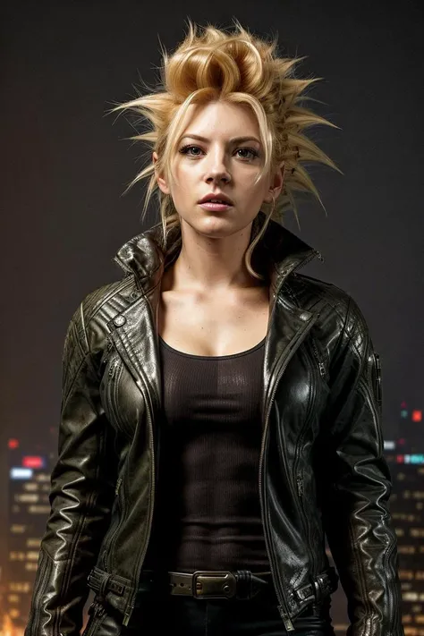 masterpiece, stunning  portrait photo of ohwx woman , cyberpunk setting, jacket, (super saiyan hair:1.11), side fade
<lora:KatherineWinnickV2Dogu:1>