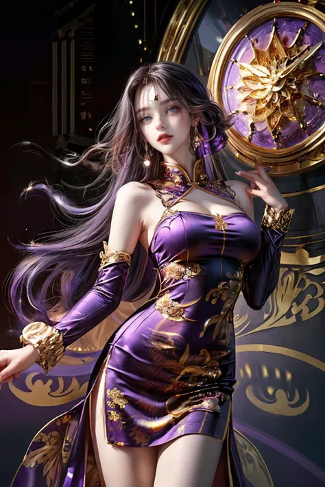 (masterpiece, top quality, best quality, official art, beautiful and aesthetic:1.2), (1 girl:1.3), purple eyes, gold flying hair, standing, gold Chinese dress, sailor uniform, elegant, (fractal art:1.2), Campus, big clock, Cowboy shot, <lora:CyberBeauty_V3...