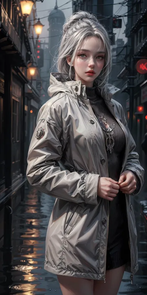 (best quality, masterpiece, ultra high resolution, ultra-detailed, photorealistic, Illustration style, official art),
1girl, (grey hair:1.1)
1girl,night city,rain,coat,hands in pockets
(art by wlop:1.4 ), (masterpiece:1.3), (best quality:1.3), 1girl