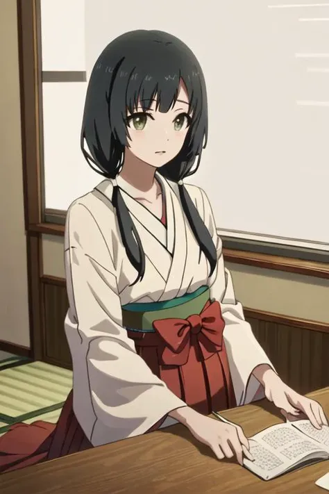 best quality, masterpiece, highres, solo, {white kimono:1.35}, {red hakama:1.35}, {wide sleeves:1.20}, {yasuhara_ema_shirobako:1.15}, black_hair, low_twintails, twintails, long_hair, green_eyes, bangs