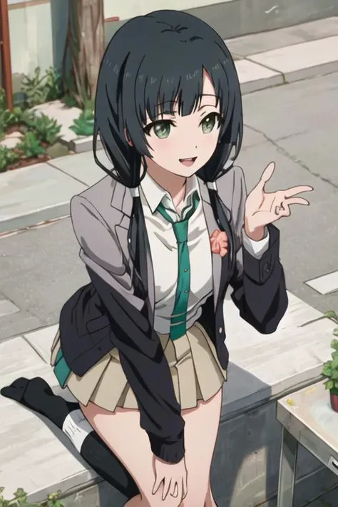 best quality, masterpiece, highres, solo, {yasuhara_ema_shirobako:1.15}, black_hair, low_twintails, twintails, long_hair, green_eyes, bangs, 1girl, jacket, school_uniform, black_eyes, necktie, open_mouth, sitting, skirt, blazer, smile, socks, kneehighs