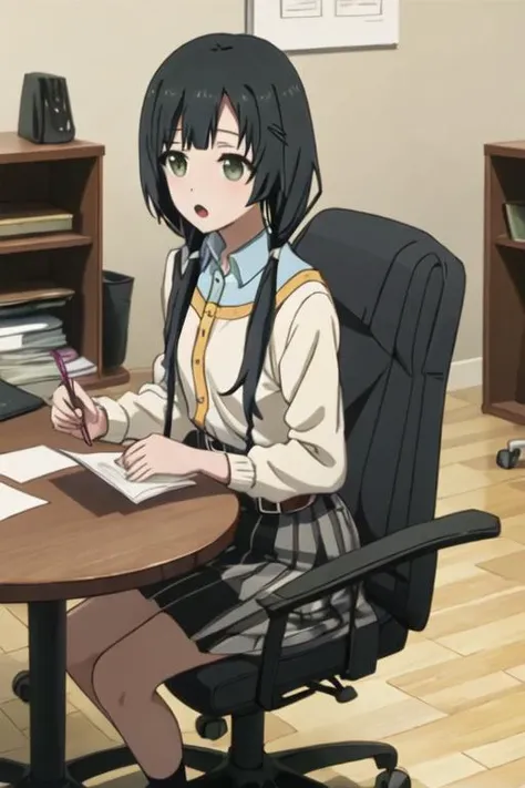 best quality, masterpiece, highres, solo, {yasuhara_ema_shirobako:1.15}, black_hair, low_twintails, twintails, long_hair, green_eyes, bangs, 1girl, chair, sitting, blunt_bangs, dress, indoors, office_chair, :o, belt, open_mouth