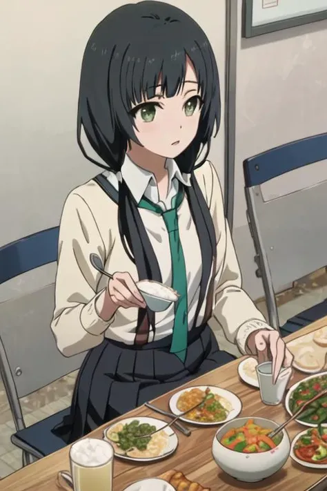 best quality, masterpiece, highres, solo, {yasuhara_ema_shirobako:1.15}, black_hair, low_twintails, twintails, long_hair, green_eyes, bangs, 1girl, black_eyes, curry, curry_rice, food, necktie, school_uniform, sitting, spoon, rice, seiza, table