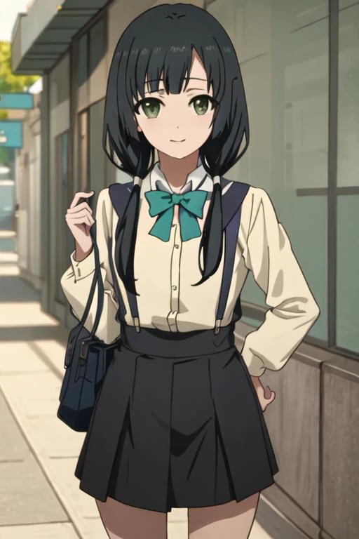 best quality, masterpiece, highres, solo, {yasuhara_ema_shirobako:1.15}, black_hair, low_twintails, twintails, long_hair, green_eyes, bangs, 1girl, bag, long_sleeves, skirt, suspender_skirt, suspenders, closed_mouth, from_behind, smile