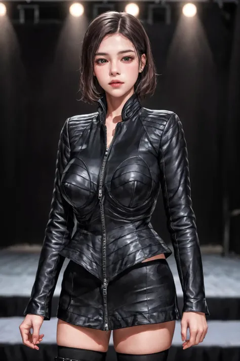 a woman in a black leather jacket and shorts on a runway