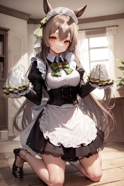 a close up of a woman in a maid outfit holding a tray of food