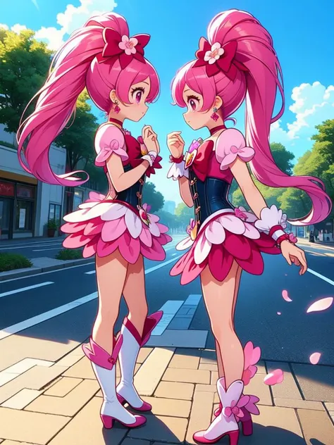 two anime girls in pink dresses standing on a street