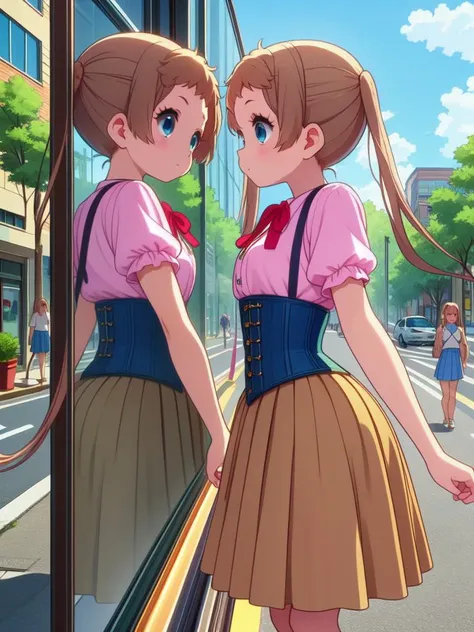 two young girls in school uniforms are looking out a window