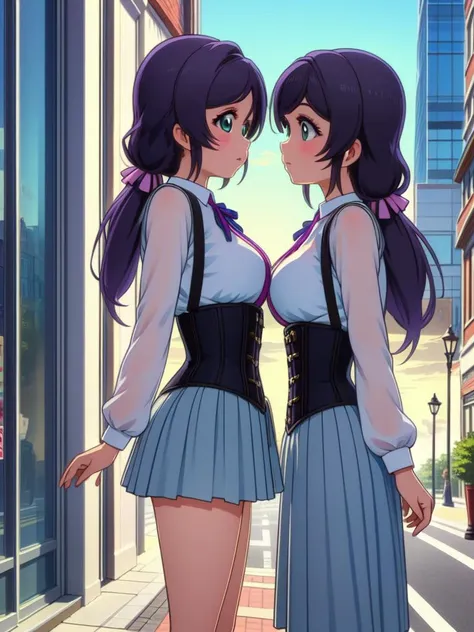 two anime girls in school uniforms standing in a city street