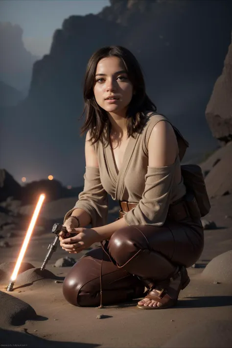 a woman kneeling down with a light saber in her hand