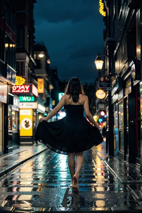 an analog photo of a 20-year-old woman barefoot wearing a black dress and carrying her shoes in one hand with her back to the camera walking down a deserted street in Londons West End at night in the rain, heavy rain, highly detailed feet, intricate detail...