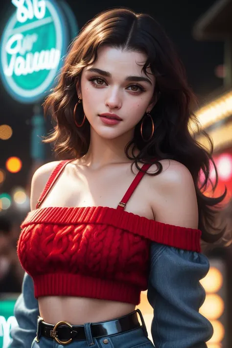 photo of seductive (rw31sz:0.99), a woman as a sexy student, closeup portrait, (80s hairstyle), (sweater off-shoulder with strap), at an (80s style) carnival arcade, (masterpiece:1.5) (photorealistic:1.1) (bokeh) (best quality) (detailed skin texture pores...