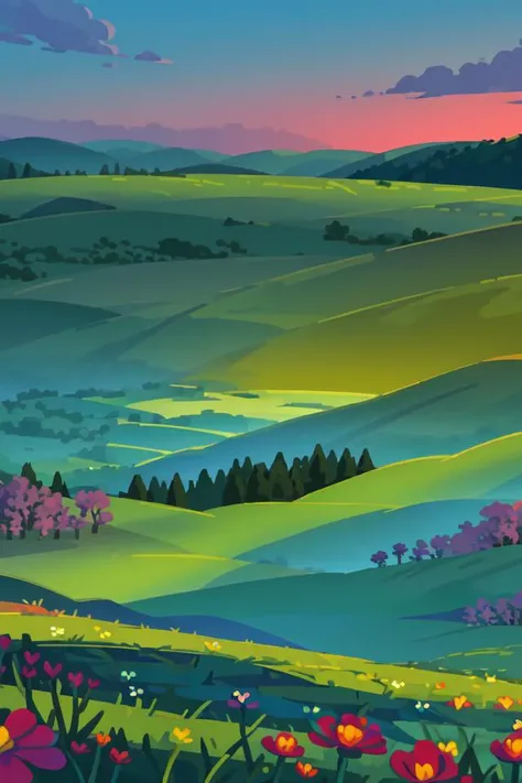 <lora:S1-Kurzgesagt_Dreamlike-000008:1> hills, landscape, fields, grasslands, tiny forest on background, sunset, flowers on foreground, flowers on hills