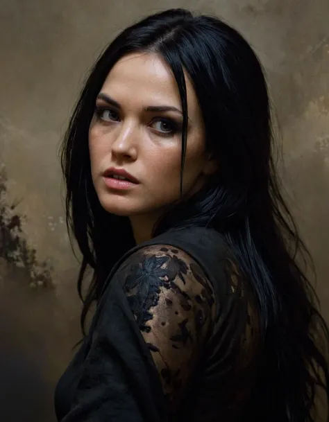 a close up of a woman with long black hair and a black top