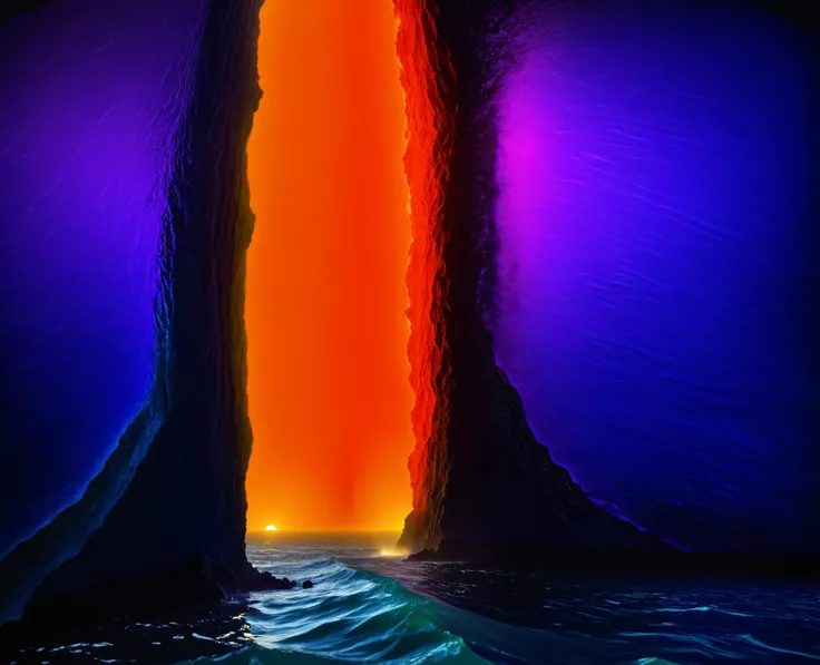 a close up of a painting of a waterfall with a rainbow light