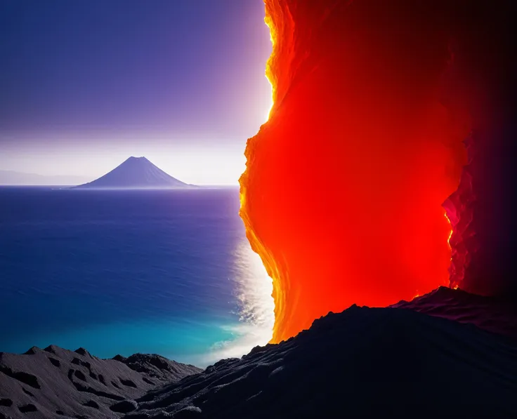 a close up of a lava cave with a mountain in the background