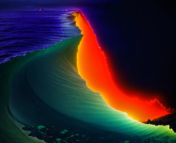 a close up of a wave with a rainbow colored wave in the background