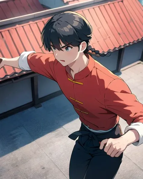 best quality, masterpiece,1boy,saotomeranma, hotwater,  <lora:ranma_v1:0.8>, ,cowboy_shot,chinese clothes, official style, running on the rooftops of the japanese suburbs, hands free