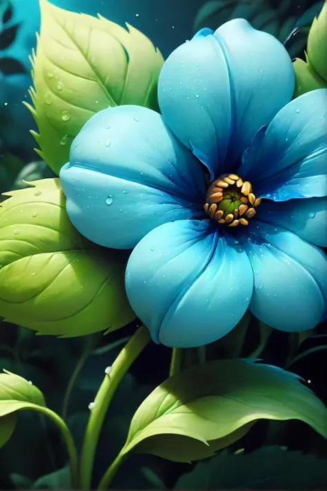 there is a blue flower with green leaves on it