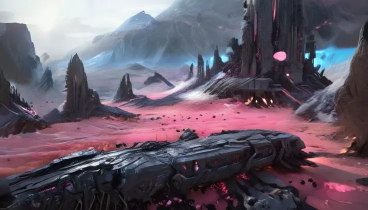 a close up of a futuristic city in a pink desert