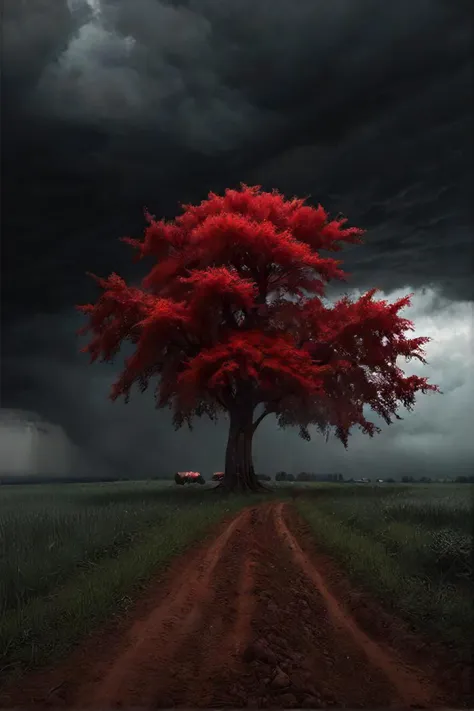 a red tree stands in the middle of a dirt road