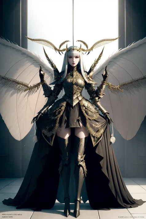 a  portrait of a woman in armor, War_Glam,edgMothKnight, armor,full body,wings,extra arms,insect wings,WAR_GLAM,lipstick,holding,hand on hip,cape,weapon,gauntlets,feathers,boots, <lyco:edgMothKnight:1>,  perfect face, pretty face, black eyes, lush detail, ...