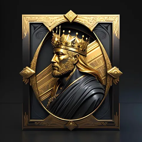 a golden king men on a matte black background with a gold border around, with a decorative intricate border around, matte gold leaf, very highly detailed digital art, a 3D render, 16K  <lora:GoldyBlack_v1.1:1>