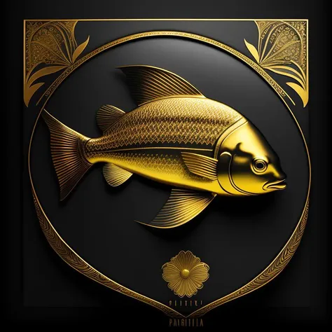 a golden fish on a matte black background with a gold border around, with a decorative intricate border around, matte gold decor...