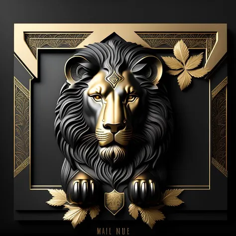 a golden lion on a matte black background with a gold border around, with a decorative intricate border around, matte gold leaf,...