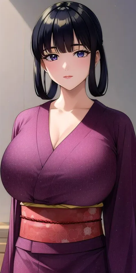 anime girl in purple kimono with black hair and blue eyes