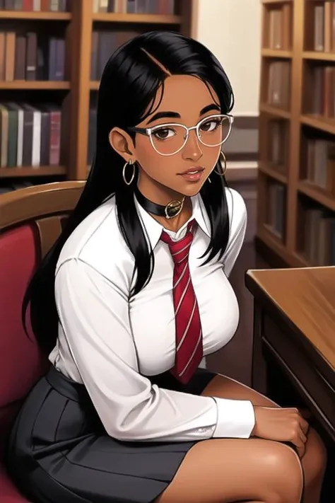 (best quality, ultra detailed), (full-face blush), (detailed background:1.2), (perfect face, detailed face), looking at viewer, (mature female:1.4), rowankhanna, 1girl, dark-skinned female, glasses, long hair, solo, brown eyes, black hair, (thick lips:1.3)...