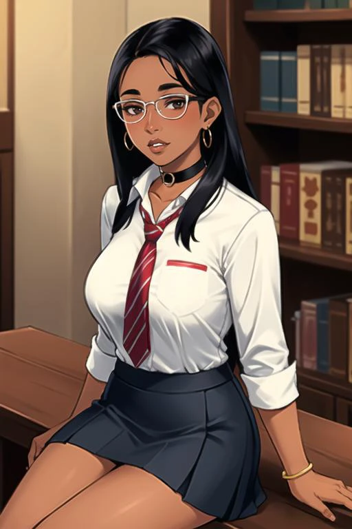 (best quality, ultra detailed), (full-face blush), (detailed background:1.2), (perfect face, detailed face), looking at viewer, (mature female:1.4), rowankhanna, 1girl, dark-skinned female, glasses, long hair, solo, brown eyes, black hair, (thick lips:1.3)...