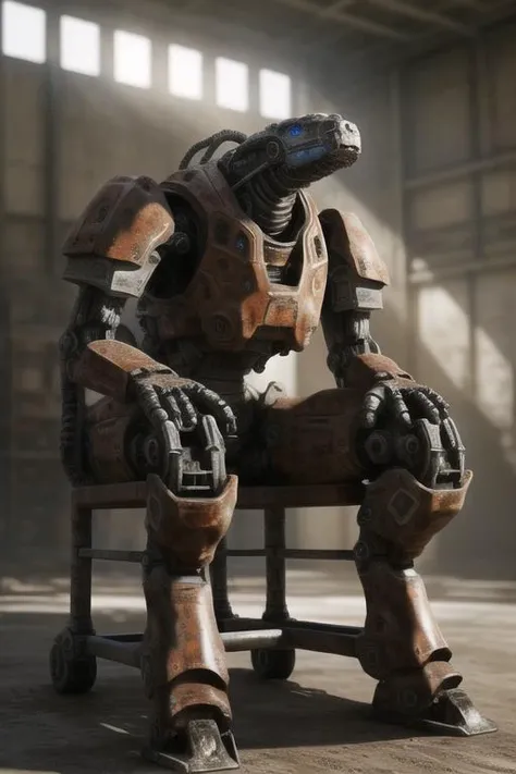 real e621, photorealistic, masterpiece, very bright lighting and bright composition, mech, industrial, (thin:1.3), mechanical, (archaic, rusty:1.3), sitting on chair