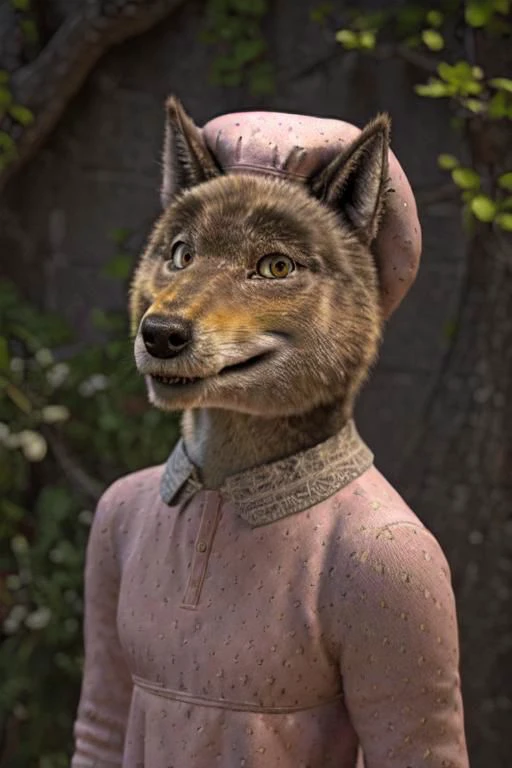 a close up of a statue of a wolf wearing a pink dress