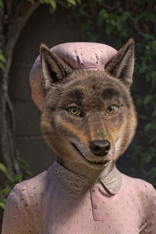 a close up of a statue of a wolf wearing a pink hat