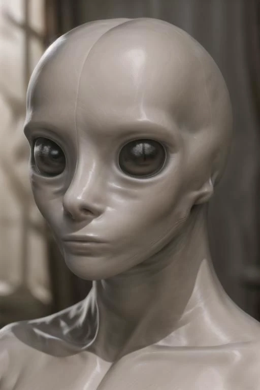 a close up of a white alien head with a window in the background