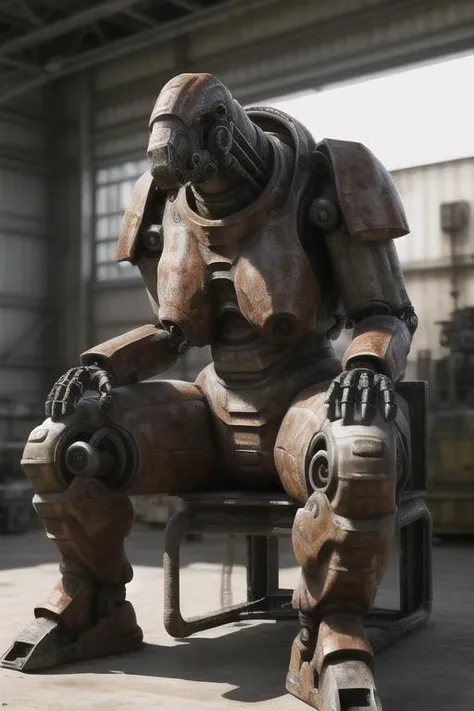 real e621, photorealistic, masterpiece, very bright lighting and bright composition, mech, industrial, (bulky, thick:1.3), mechanical, (archaic, rusty:1.3), sitting on chair