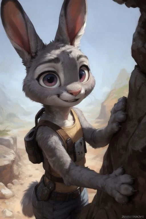 a cartoon rabbit with a backpack standing next to a rock