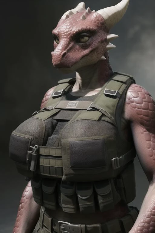 real e621, photorealistic, masterpiece, kobold, female, large breasts, bulletproof vest