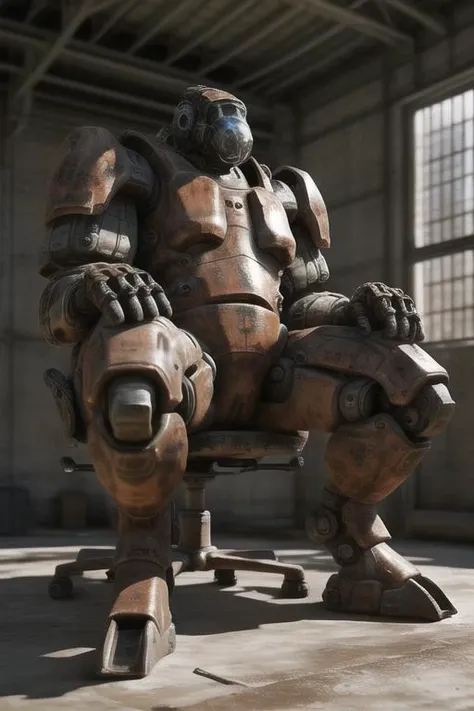 real e621, photorealistic, masterpiece, very bright lighting and bright composition, mech, industrial, (bulky, thick:1.3), mechanical, (archaic, rusty:1.3), sitting on chair