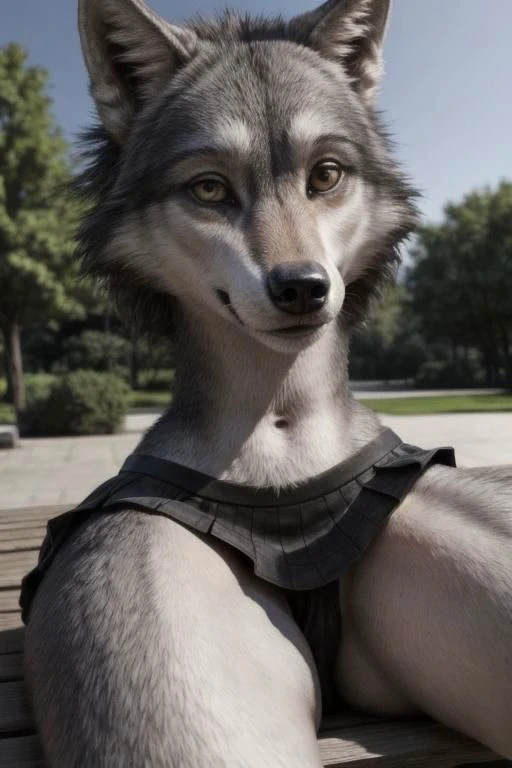 a close up of a dog sitting on a bench in a park