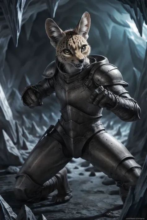 a cat in armor standing in a cave with a sword