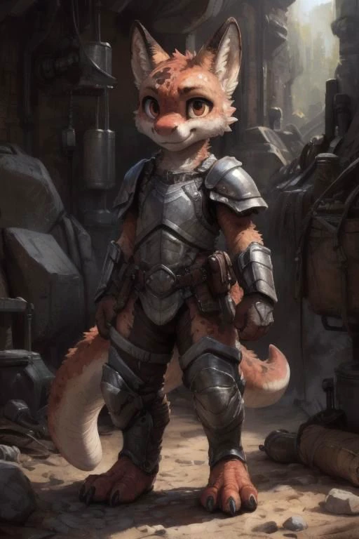 a painting of a fox in armor standing in a ruined area