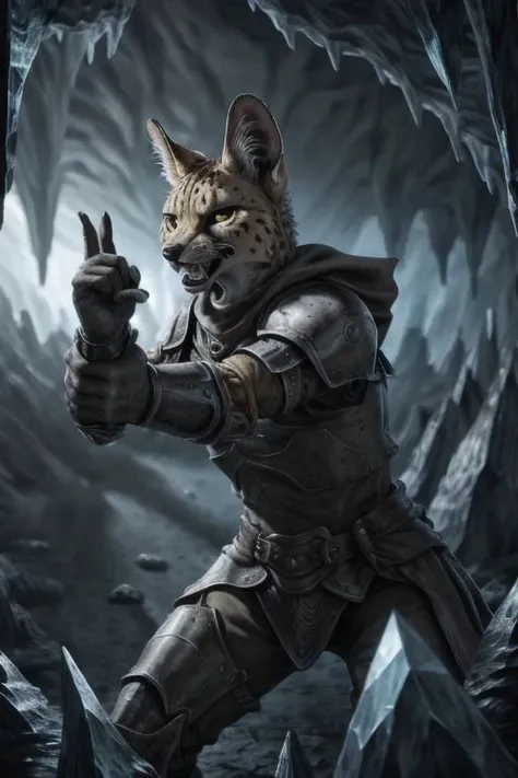 a cat in armor is standing in a cave with a knife