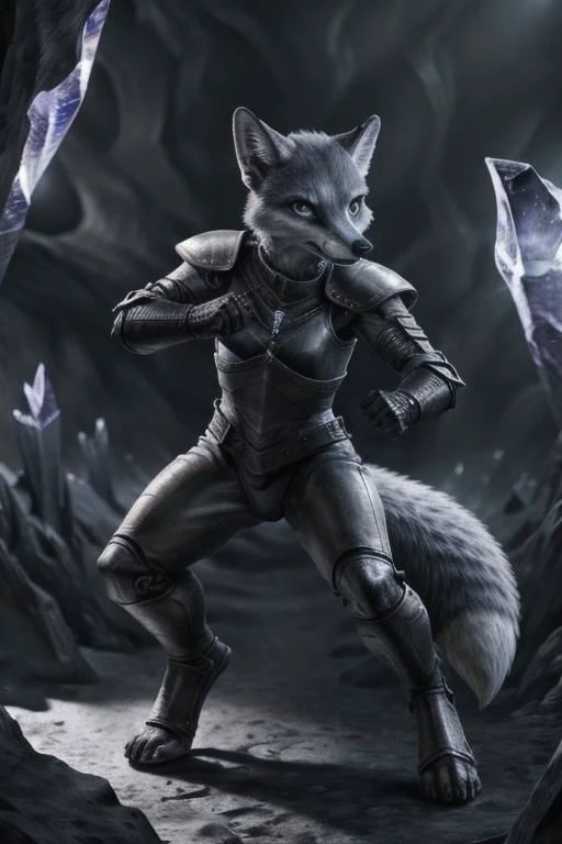 a fox in armor standing in a cave with a sword