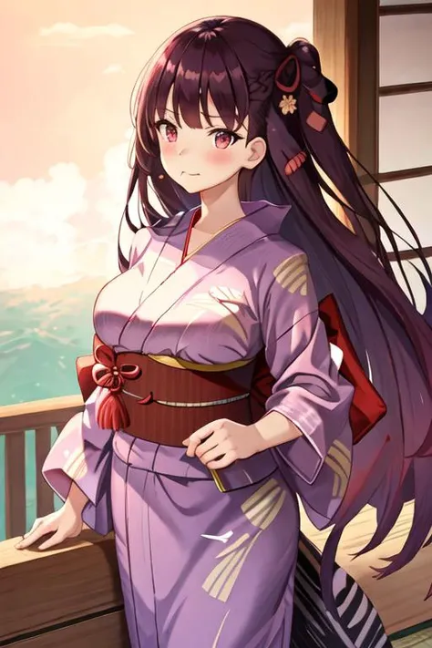 best quality, masterpiece, highres, solo, {yukata:1.40}, {kimono:1.20}, {wa2000_girlsfrontline:1.15}, long_hair, bangs, red_eyes, purple_hair, blush, ribbon, breasts, hair_ribbon, one_side_up, very_long_hair, large_breasts, red_ribbon, closed_mouth, neckti...